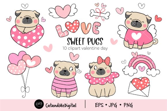 Download Sweet Pugs Valentine Clipart. - Premium Bundle