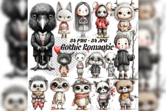 Download Whimsical Gothic Valentine Clipart Set - Valentine clipart Collection