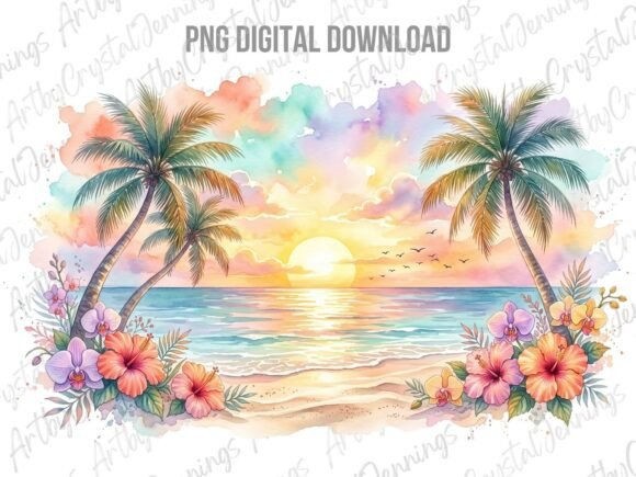 Download Watercolor Tropical Beach Sunset PNG - Tropic Collection